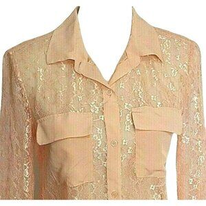 Victoria's Secret Sheer Lace Blouse Small Long Sleeve Button Front Peach Blush